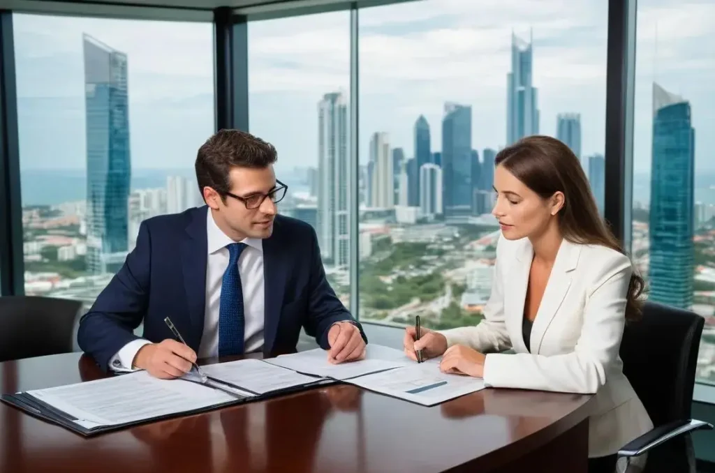 Avocat francophone expliquant la création d’une société offshore à un entrepreneur à Panama