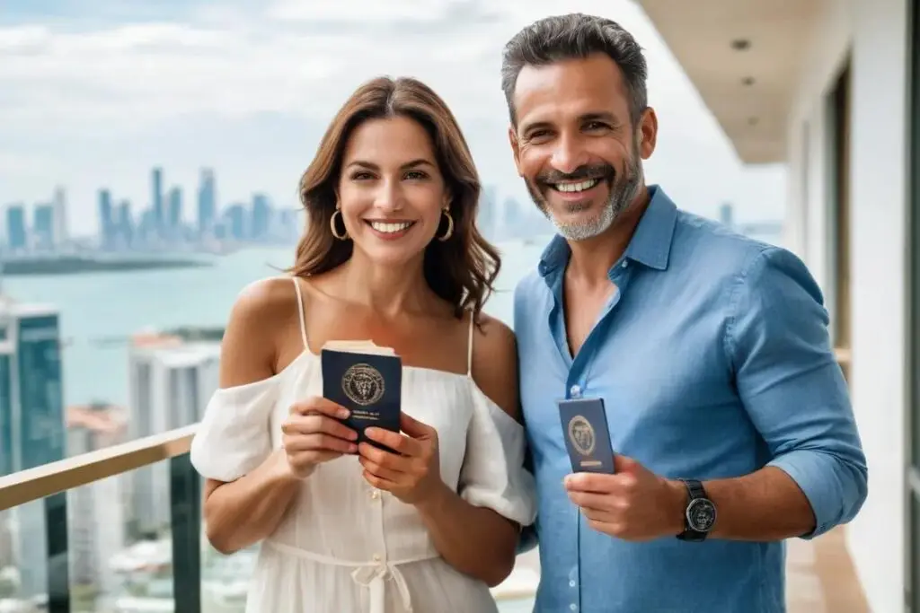 Couple d'expatriés célébrant l'obtention de leur résidence panaméenne, avec accompagnement juridique personnalisé par ExpatLegal permis de résident au Panama