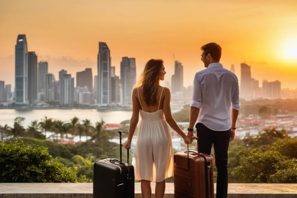 Couple d'expatriés français à Panama City obtenant leur visa Pays Amis, vue sur les gratte-ciel de la ville