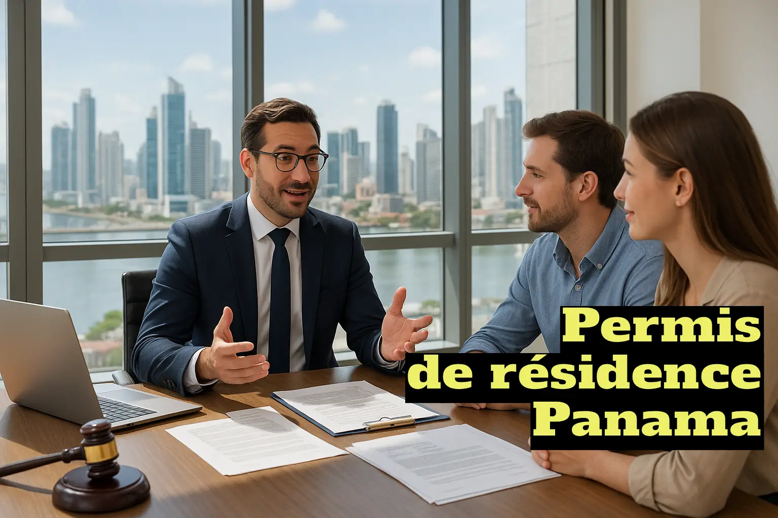 avocat francophone expliquant le processus de résidence au Panama à un couple européen
